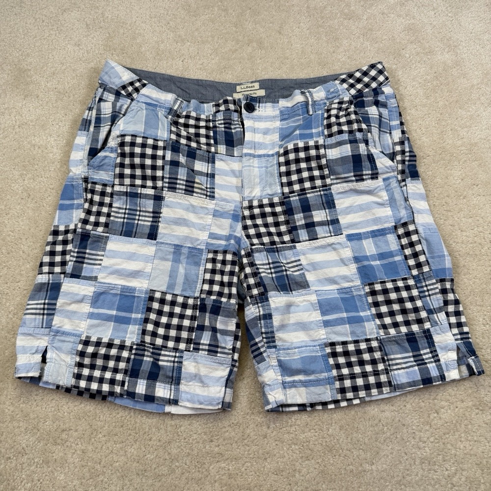LL Bean Favorite Fit Madras Patchwork Shorts Womens 16 Blue Plaid Coastal Resort